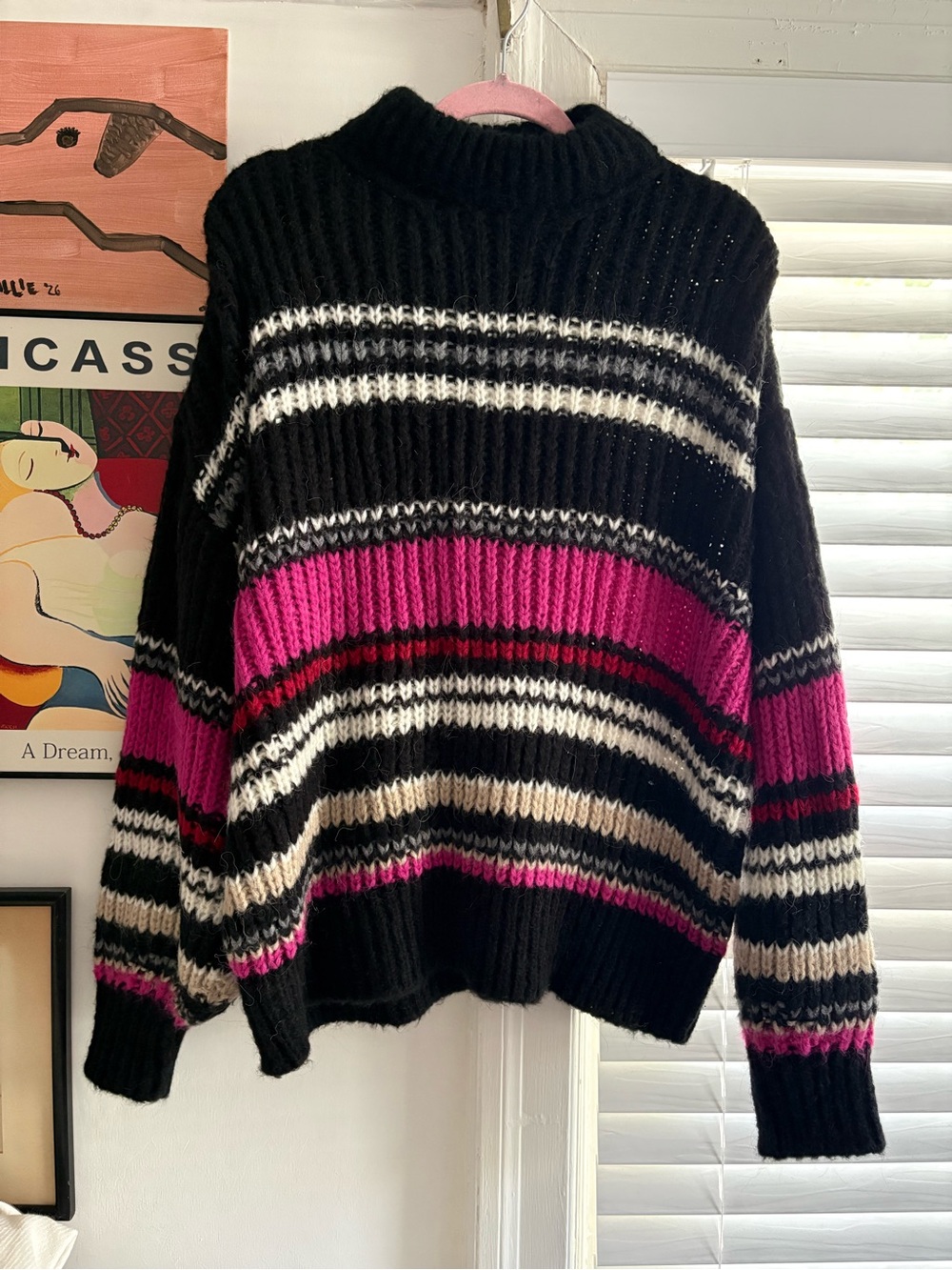 IRO Black and Pink Striped Mock Neck Sweater